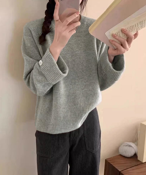 ニットトップス ワイドスリーブニット秋冬 レディース 袖折返しボタン ニットプルオーバー ラグランスリーブ ニットセーター オフィスカジュアル 韓国風ニット 無地 2QIUT-002