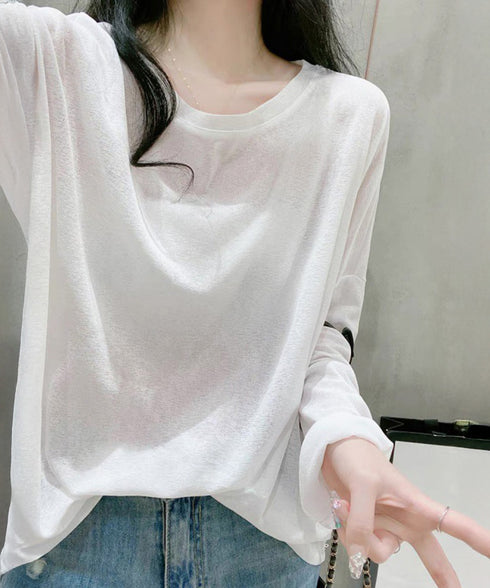 シアートップス重ね着クルーネックTシャツ ドロップショルダーロンt ゆったりシルエット 薄手トップス UV対策 透け感春夏トップス 紫外線対策カットソー大人可愛い 2QMXUN-002