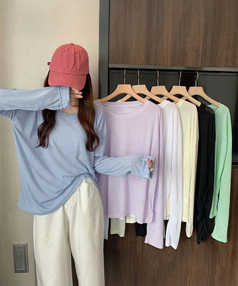 シアートップス重ね着クルーネックTシャツ ドロップショルダーロンt ゆったりシルエット 薄手トップス UV対策 透け感春夏トップス 紫外線対策カットソー大人可愛い 2QMXUN-002