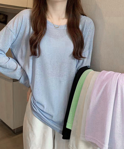 シアートップス重ね着クルーネックTシャツ ドロップショルダーロンt ゆったりシルエット 薄手トップス UV対策 透け感春夏トップス 紫外線対策カットソー大人可愛い 2QMXUN-002