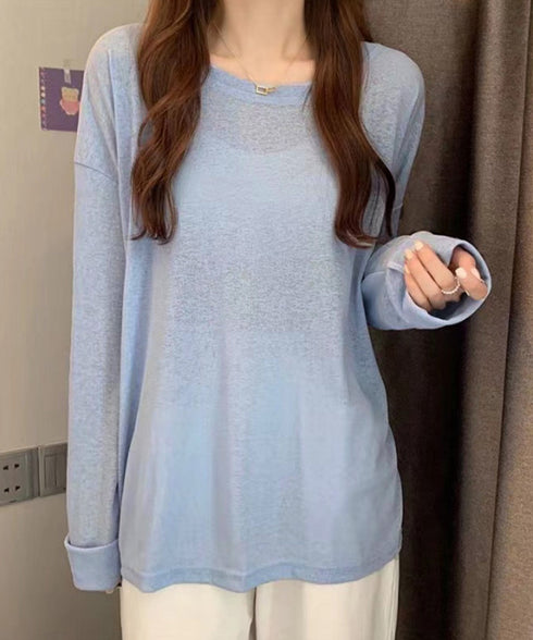 シアートップス重ね着クルーネックTシャツ ドロップショルダーロンt ゆったりシルエット 薄手トップス UV対策 透け感春夏トップス 紫外線対策カットソー大人可愛い 2QMXUN-002