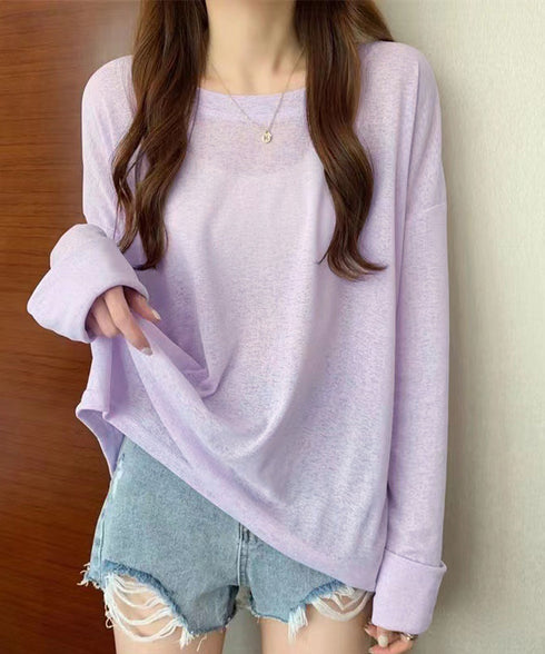 シアートップス重ね着クルーネックTシャツ ドロップショルダーロンt ゆったりシルエット 薄手トップス UV対策 透け感春夏トップス 紫外線対策カットソー大人可愛い 2QMXUN-002