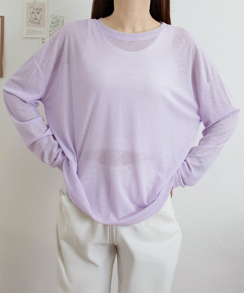 シアートップス重ね着クルーネックTシャツ ドロップショルダーロンt ゆったりシルエット 薄手トップス UV対策 透け感春夏トップス 紫外線対策カットソー大人可愛い 2QMXUN-002