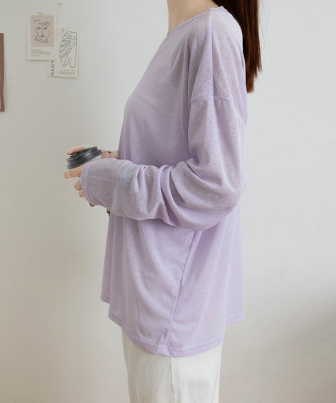 シアートップス重ね着クルーネックTシャツ ドロップショルダーロンt ゆったりシルエット 薄手トップス UV対策 透け感春夏トップス 紫外線対策カットソー大人可愛い 2QMXUN-002