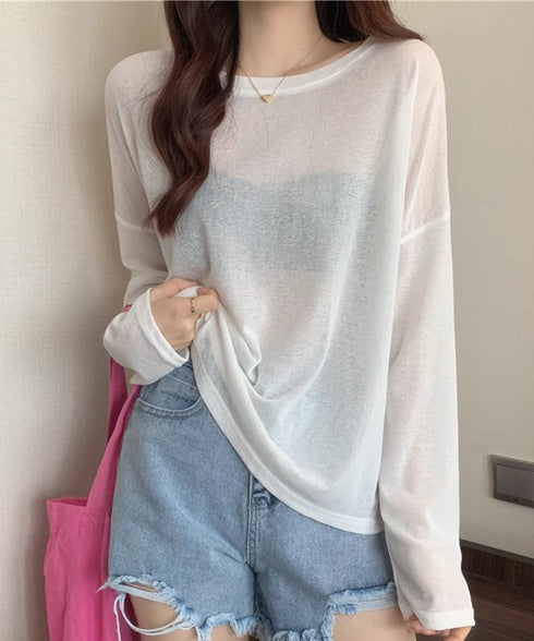 シアートップス重ね着クルーネックTシャツ ドロップショルダーロンt ゆったりシルエット 薄手トップス UV対策 透け感春夏トップス 紫外線対策カットソー大人可愛い 2QMXUN-002