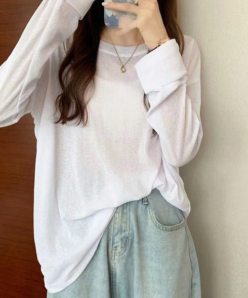 シアートップス重ね着クルーネックTシャツ ドロップショルダーロンt ゆったりシルエット 薄手トップス UV対策 透け感春夏トップス 紫外線対策カットソー大人可愛い 2QMXUN-002