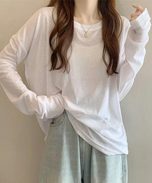 シアートップス重ね着クルーネックTシャツ ドロップショルダーロンt ゆったりシルエット 薄手トップス UV対策 透け感春夏トップス 紫外線対策カットソー大人可愛い 2QMXUN-002