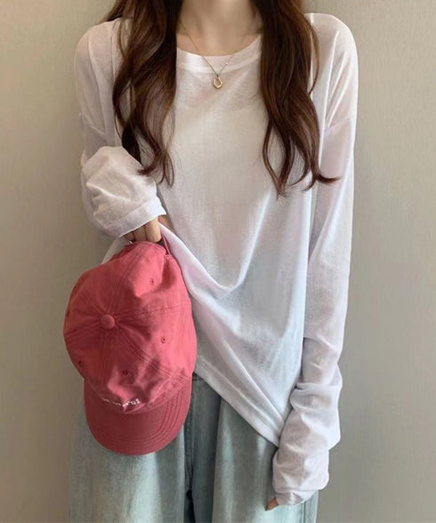 シアートップス重ね着クルーネックTシャツ ドロップショルダーロンt ゆったりシルエット 薄手トップス UV対策 透け感春夏トップス 紫外線対策カットソー大人可愛い 2QMXUN-002