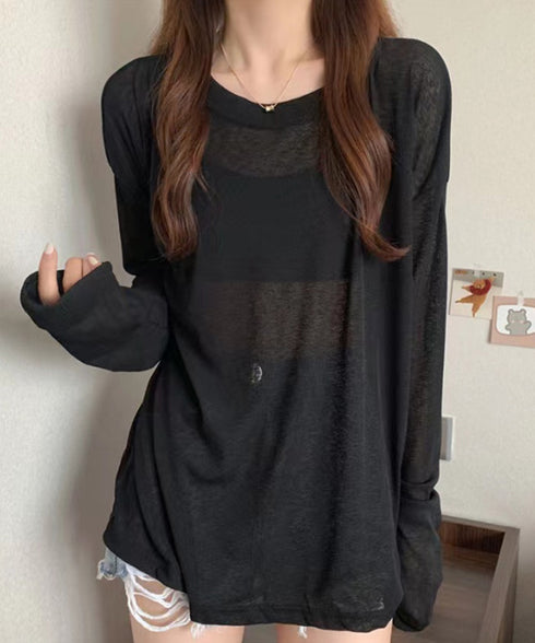 シアートップス重ね着クルーネックTシャツ ドロップショルダーロンt ゆったりシルエット 薄手トップス UV対策 透け感春夏トップス 紫外線対策カットソー大人可愛い 2QMXUN-002