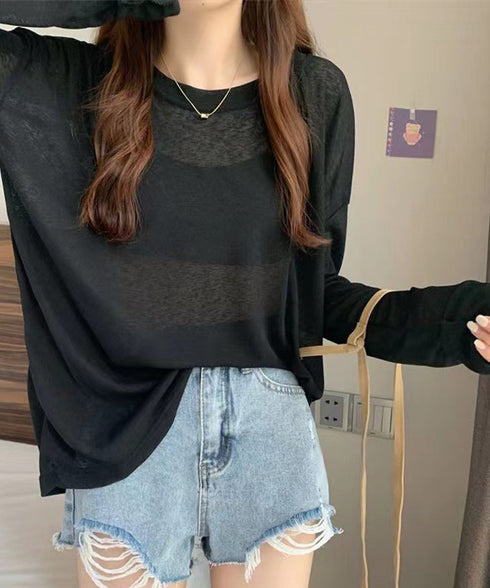 シアートップス重ね着クルーネックTシャツ ドロップショルダーロンt ゆったりシルエット 薄手トップス UV対策 透け感春夏トップス 紫外線対策カットソー大人可愛い 2QMXUN-002