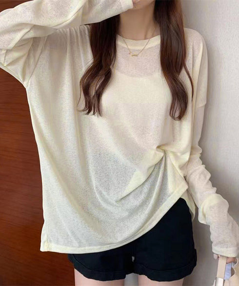 シアートップス重ね着クルーネックTシャツ ドロップショルダーロンt ゆったりシルエット 薄手トップス UV対策 透け感春夏トップス 紫外線対策カットソー大人可愛い 2QMXUN-002