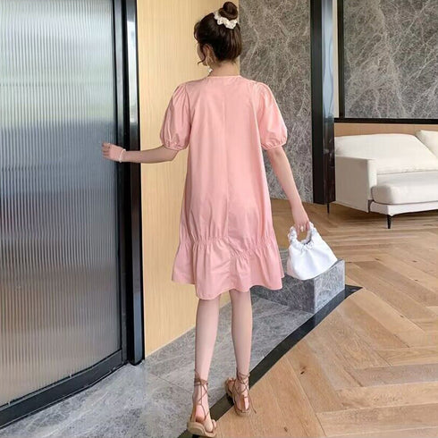 マタニティワンピース 体型カバーワンピ ハイウエスト お洒落 ゆったり妊婦服 パフスリーブ AラインワンピースVネック 産前産後兼用 半袖マタニティウェア韓国 2QYQY-004