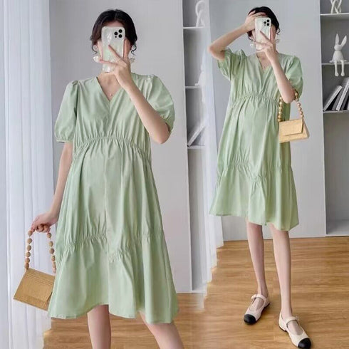 マタニティワンピース 体型カバーワンピ ハイウエスト お洒落 ゆったり妊婦服 パフスリーブ AラインワンピースVネック 産前産後兼用 半袖マタニティウェア韓国 2QYQY-004