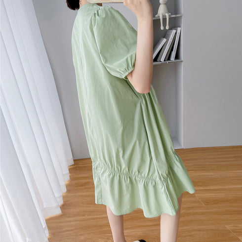 マタニティワンピース 体型カバーワンピ ハイウエスト お洒落 ゆったり妊婦服 パフスリーブ AラインワンピースVネック 産前産後兼用 半袖マタニティウェア韓国 2QYQY-004