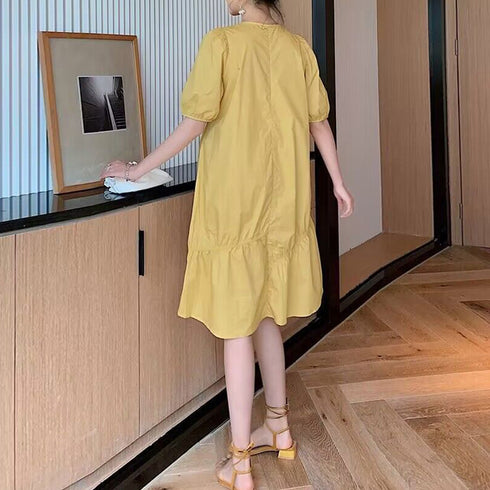 マタニティワンピース 体型カバーワンピ ハイウエスト お洒落 ゆったり妊婦服 パフスリーブ AラインワンピースVネック 産前産後兼用 半袖マタニティウェア韓国 2QYQY-004