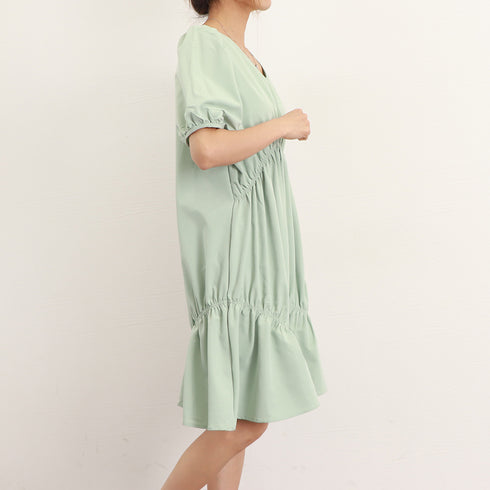 マタニティワンピース 体型カバーワンピ ハイウエスト お洒落 ゆったり妊婦服 パフスリーブ AラインワンピースVネック 産前産後兼用 半袖マタニティウェア韓国 2QYQY-004