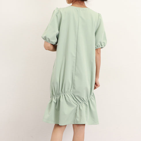 マタニティワンピース 体型カバーワンピ ハイウエスト お洒落 ゆったり妊婦服 パフスリーブ AラインワンピースVネック 産前産後兼用 半袖マタニティウェア韓国 2QYQY-004