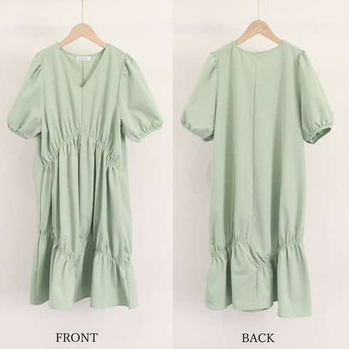 マタニティワンピース 体型カバーワンピ ハイウエスト お洒落 ゆったり妊婦服 パフスリーブ AラインワンピースVネック 産前産後兼用 半袖マタニティウェア韓国 2QYQY-004