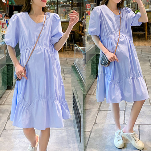 マタニティワンピース 体型カバーワンピ ハイウエスト お洒落 ゆったり妊婦服 パフスリーブ AラインワンピースVネック 産前産後兼用 半袖マタニティウェア韓国 2QYQY-004