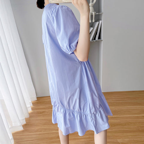 マタニティワンピース 体型カバーワンピ ハイウエスト お洒落 ゆったり妊婦服 パフスリーブ AラインワンピースVネック 産前産後兼用 半袖マタニティウェア韓国 2QYQY-004