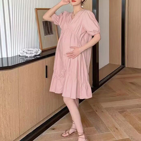 マタニティワンピース 体型カバーワンピ ハイウエスト お洒落 ゆったり妊婦服 パフスリーブ AラインワンピースVネック 産前産後兼用 半袖マタニティウェア韓国 2QYQY-004