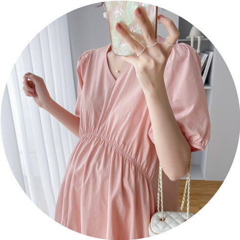 マタニティワンピース 体型カバーワンピ ハイウエスト お洒落 ゆったり妊婦服 パフスリーブ AラインワンピースVネック 産前産後兼用 半袖マタニティウェア韓国 2QYQY-004