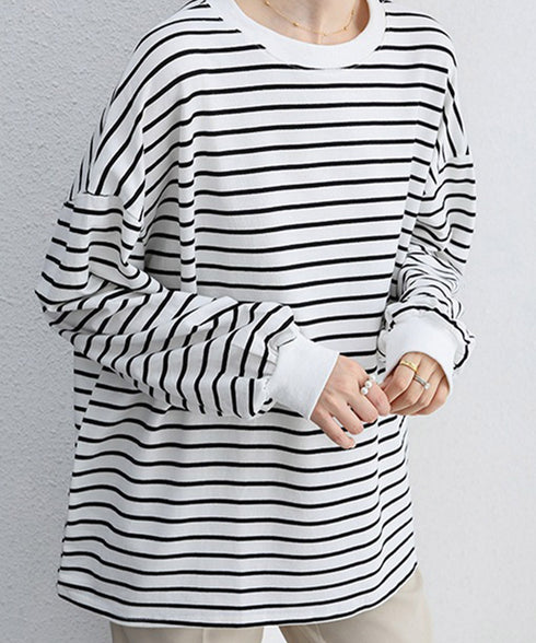 ボーダーtシャツ レディース 長袖ロンT ラウンドネック ゆったり 着やせプルオーバー 韓国 おしゃれカットソー 体型カバートップス チュニック無地 春秋冬着回し 2RIRI-001