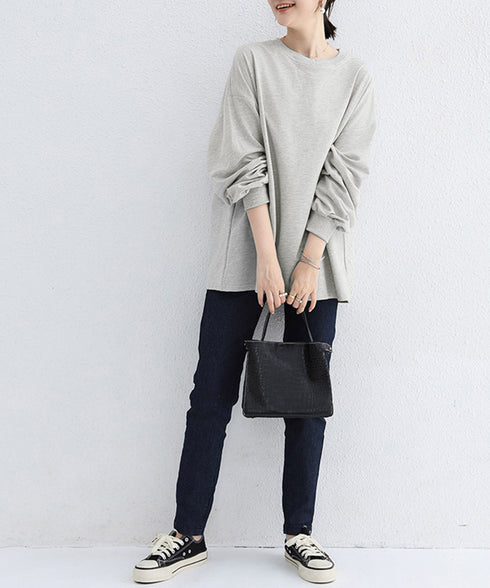 ボーダーtシャツ レディース 長袖ロンT ラウンドネック ゆったり 着やせプルオーバー 韓国 おしゃれカットソー 体型カバートップス チュニック無地 春秋冬着回し 2RIRI-001