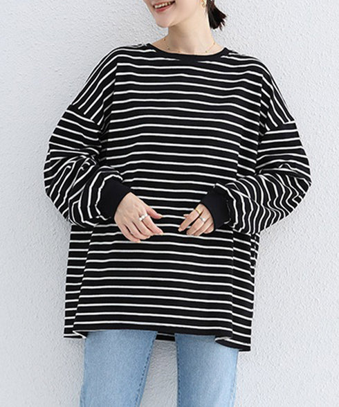 ボーダーtシャツ レディース 長袖ロンT ラウンドネック ゆったり 着やせプルオーバー 韓国 おしゃれカットソー 体型カバートップス チュニック無地 春秋冬着回し 2RIRI-001