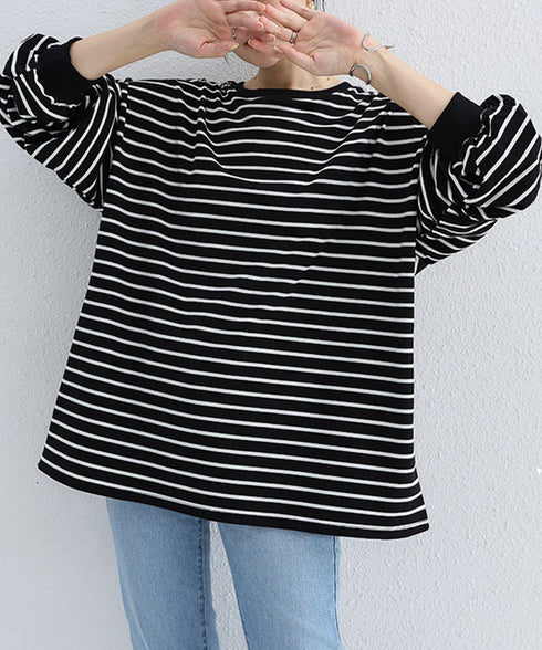 ボーダーtシャツ レディース 長袖ロンT ラウンドネック ゆったり 着やせプルオーバー 韓国 おしゃれカットソー 体型カバートップス チュニック無地 春秋冬着回し 2RIRI-001