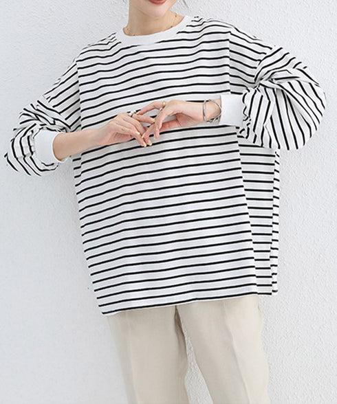 ボーダーtシャツ レディース 長袖ロンT ラウンドネック ゆったり 着やせプルオーバー 韓国 おしゃれカットソー 体型カバートップス チュニック無地 春秋冬着回し 2RIRI-001