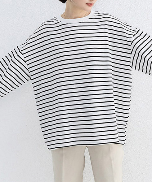 ボーダーtシャツ レディース 長袖ロンT ラウンドネック ゆったり 着やせプルオーバー 韓国 おしゃれカットソー 体型カバートップス チュニック無地 春秋冬着回し 2RIRI-001