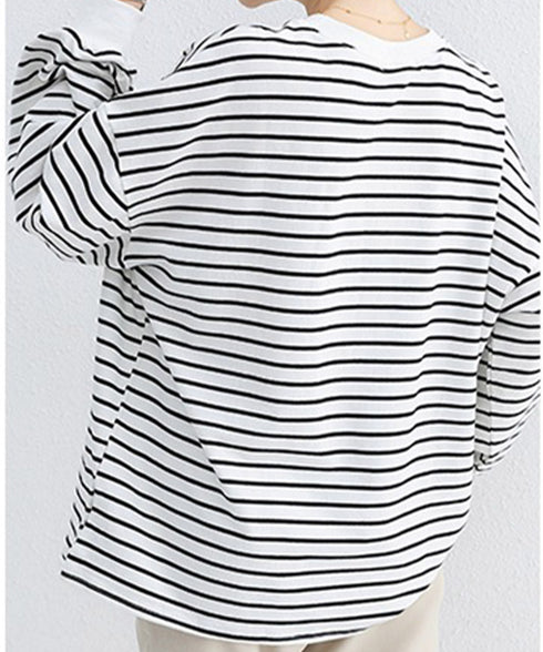 ボーダーtシャツ レディース 長袖ロンT ラウンドネック ゆったり 着やせプルオーバー 韓国 おしゃれカットソー 体型カバートップス チュニック無地 春秋冬着回し 2RIRI-001