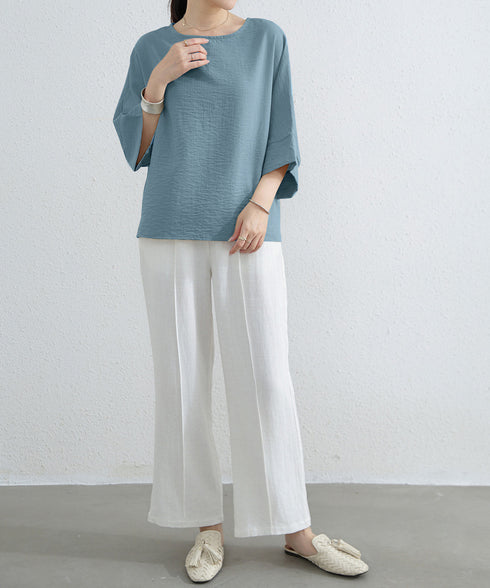 ブラウス レディース ドルマンカットソー クルーネック 薄手 プルオーバー ゆったり 大人女性夏服 無地 着やせトップス 30代40代 オフィスカジュアル 通勤服 2RIRI-004