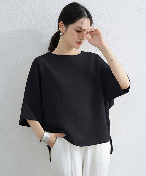ブラウス レディース ドルマンカットソー クルーネック 薄手 プルオーバー ゆったり 大人女性夏服 無地 着やせトップス 30代40代 オフィスカジュアル 通勤服 2RIRI-004