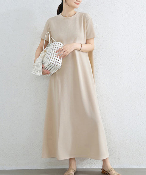 AラインTシャツワンピース 体型カバー夏 半袖 ロングワンピース レディース ラウンドネック リラックスワンピ 30代40代50代 着やせワンピ 無地ルームウェア 2RIRI-005