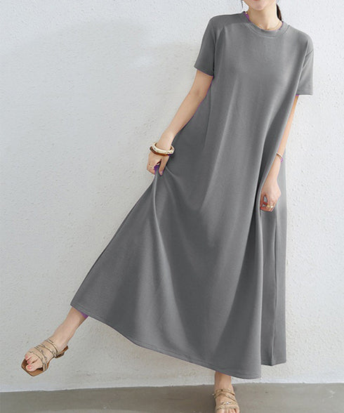 AラインTシャツワンピース 体型カバー夏 半袖 ロングワンピース レディース ラウンドネック リラックスワンピ 30代40代50代 着やせワンピ 無地ルームウェア 2RIRI-005