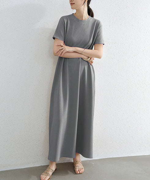 AラインTシャツワンピース 体型カバー夏 半袖 ロングワンピース レディース ラウンドネック リラックスワンピ 30代40代50代 着やせワンピ 無地ルームウェア 2RIRI-005