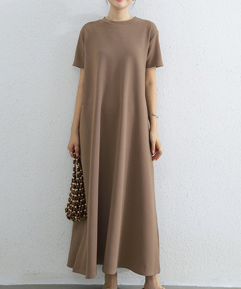 AラインTシャツワンピース 体型カバー夏 半袖 ロングワンピース レディース ラウンドネック リラックスワンピ 30代40代50代 着やせワンピ 無地ルームウェア 2RIRI-005