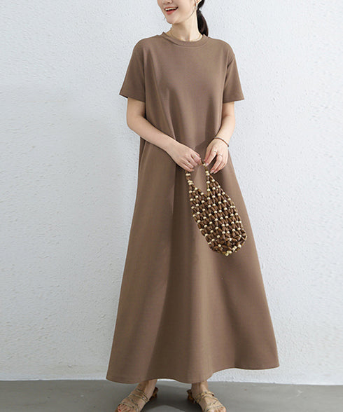 AラインTシャツワンピース 体型カバー夏 半袖 ロングワンピース レディース ラウンドネック リラックスワンピ 30代40代50代 着やせワンピ 無地ルームウェア 2RIRI-005