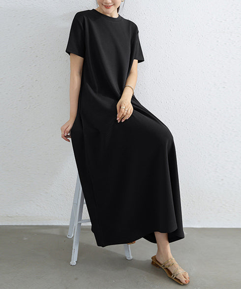 AラインTシャツワンピース 体型カバー夏 半袖 ロングワンピース レディース ラウンドネック リラックスワンピ 30代40代50代 着やせワンピ 無地ルームウェア 2RIRI-005