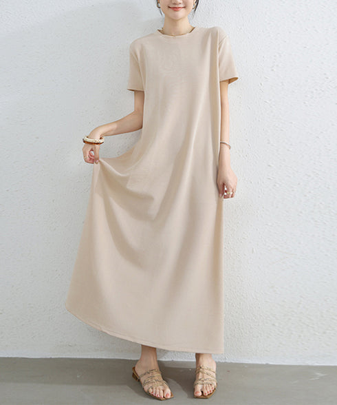 AラインTシャツワンピース 体型カバー夏 半袖 ロングワンピース レディース ラウンドネック リラックスワンピ 30代40代50代 着やせワンピ 無地ルームウェア 2RIRI-005