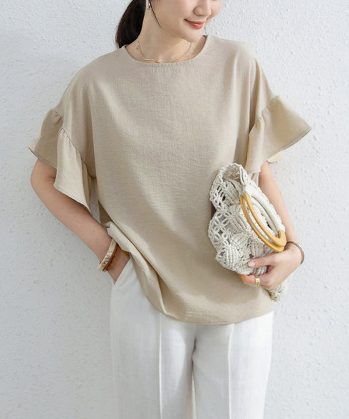 フリル袖 シャツブラウス レディース半袖 フレア袖ブラウス クルーネック 薄手カットソー ゆったり 大人女性夏服 着やせトップス 30代40代 オフィスカジュアル 2RIRI-006