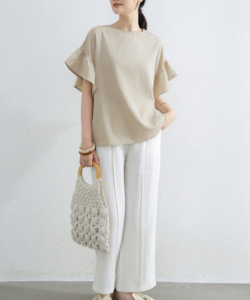 フリル袖 シャツブラウス レディース半袖 フレア袖ブラウス クルーネック 薄手カットソー ゆったり 大人女性夏服 着やせトップス 30代40代 オフィスカジュアル 2RIRI-006