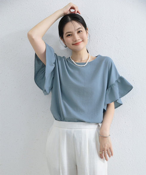 フリル袖 シャツブラウス レディース半袖 フレア袖ブラウス クルーネック 薄手カットソー ゆったり 大人女性夏服 着やせトップス 30代40代 オフィスカジュアル 2RIRI-006