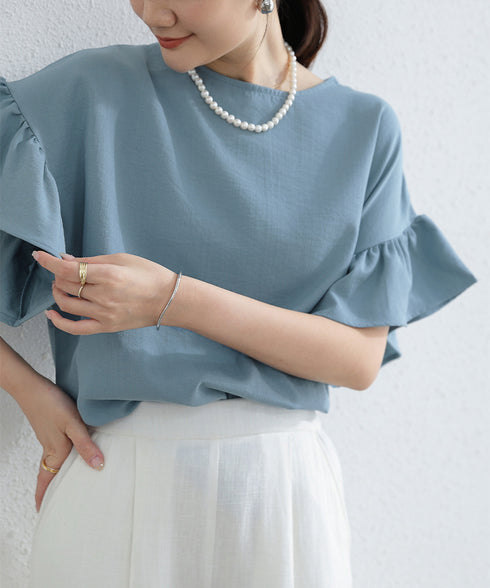 フリル袖 シャツブラウス レディース半袖 フレア袖ブラウス クルーネック 薄手カットソー ゆったり 大人女性夏服 着やせトップス 30代40代 オフィスカジュアル 2RIRI-006