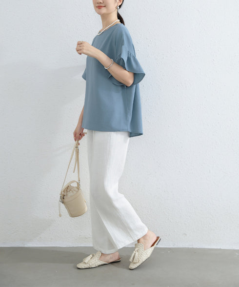 フリル袖 シャツブラウス レディース半袖 フレア袖ブラウス クルーネック 薄手カットソー ゆったり 大人女性夏服 着やせトップス 30代40代 オフィスカジュアル 2RIRI-006