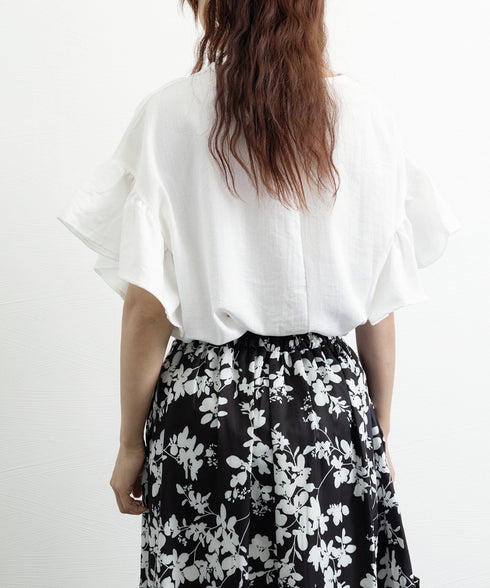 フリル袖 シャツブラウス レディース半袖 フレア袖ブラウス クルーネック 薄手カットソー ゆったり 大人女性夏服 着やせトップス 30代40代 オフィスカジュアル 2RIRI-006