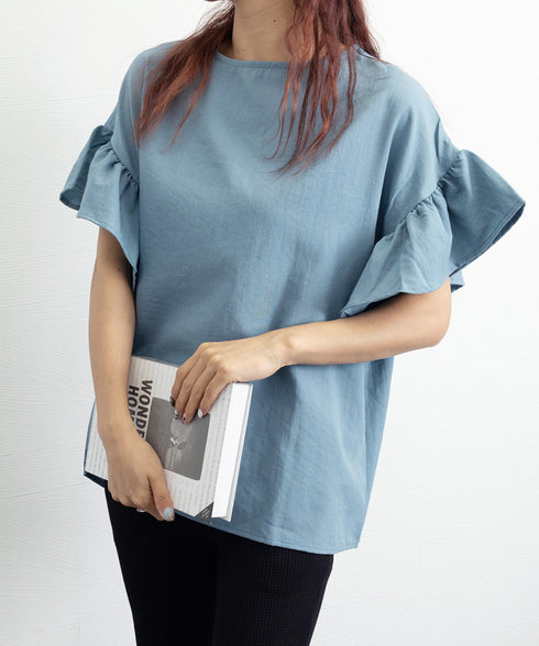 フリル袖 シャツブラウス レディース半袖 フレア袖ブラウス クルーネック 薄手カットソー ゆったり 大人女性夏服 着やせトップス 30代40代 オフィスカジュアル 2RIRI-006