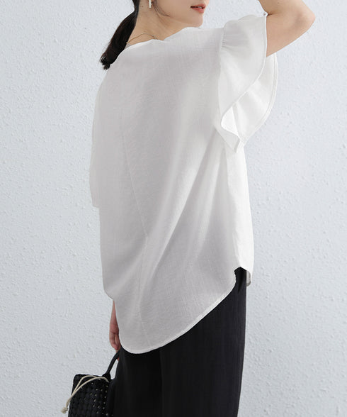 フリル袖 シャツブラウス レディース半袖 フレア袖ブラウス クルーネック 薄手カットソー ゆったり 大人女性夏服 着やせトップス 30代40代 オフィスカジュアル 2RIRI-006